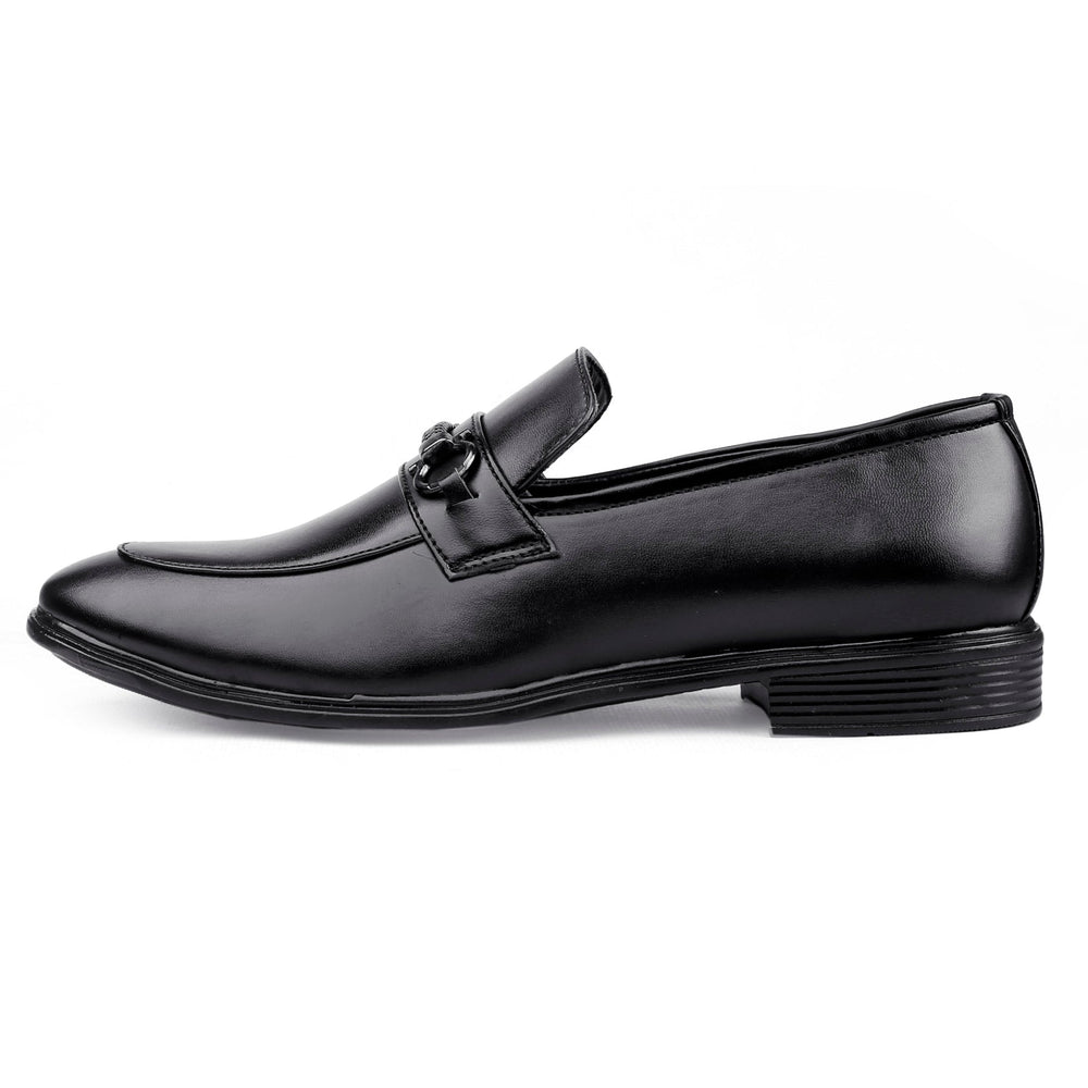 Black leather loafer shoe on a white background