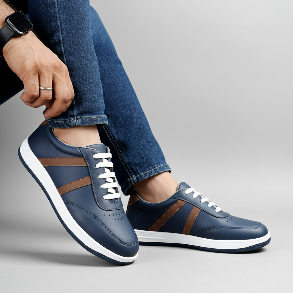 Blue sneakers with brown stripes worn by a person on a wooden floor.