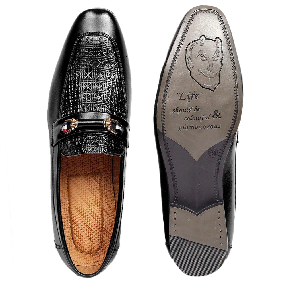 Black loafers with decorative pattern on the toe cap and 'Life should be colorful & glamorous' text on the sole.