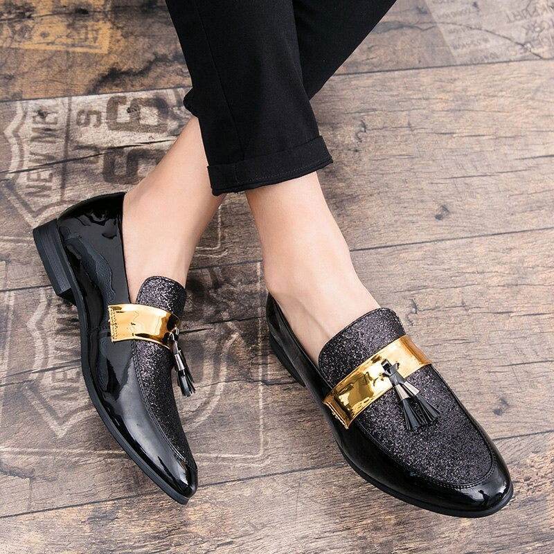 Men Flat Black Golden Formal Patchwork Shoe PU Leather Casual Men-JM - SunglassesMart