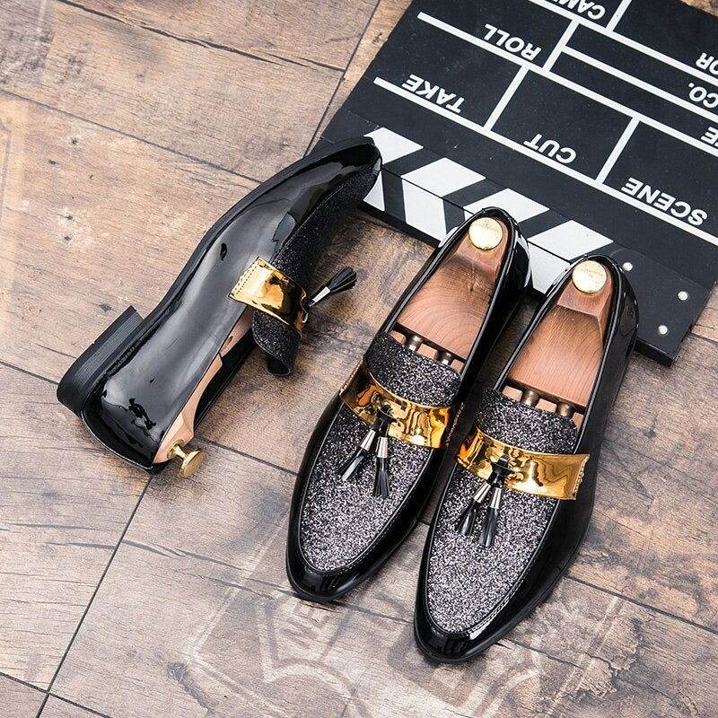Men Flat Black Golden Formal Patchwork Shoe PU Leather Casual Men-JM - SunglassesMart