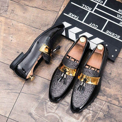 Men Flat Black Golden Formal Patchwork Shoe PU Leather Casual Men-JM - SunglassesMart