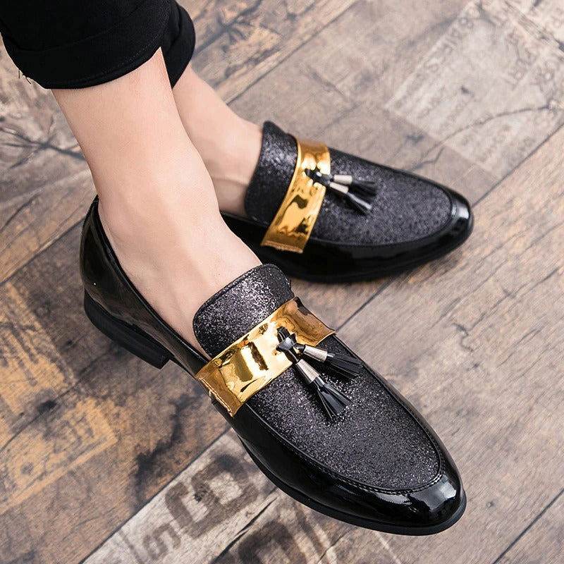 Men Flat Black Golden Formal Patchwork Shoe PU Leather Casual Men-JM - SunglassesMart