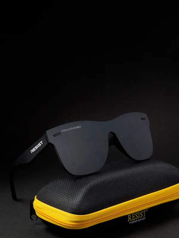 Black sunglasses with yellow case on a black background