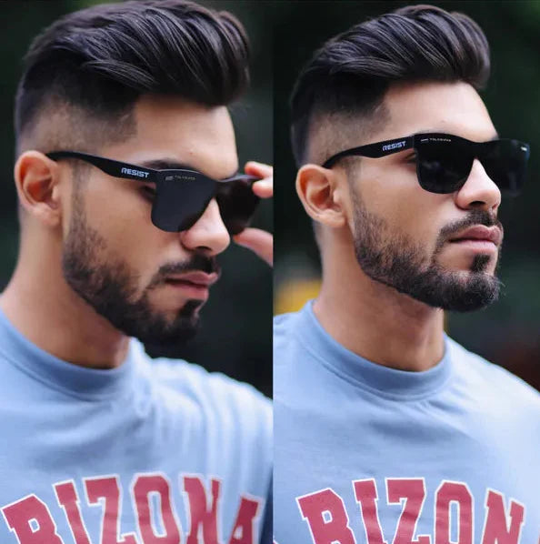 Side-by-side comparison of a man wearing sunglasses with a blurred background