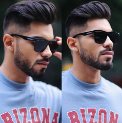 Side-by-side comparison of a man wearing sunglasses with a blurred background