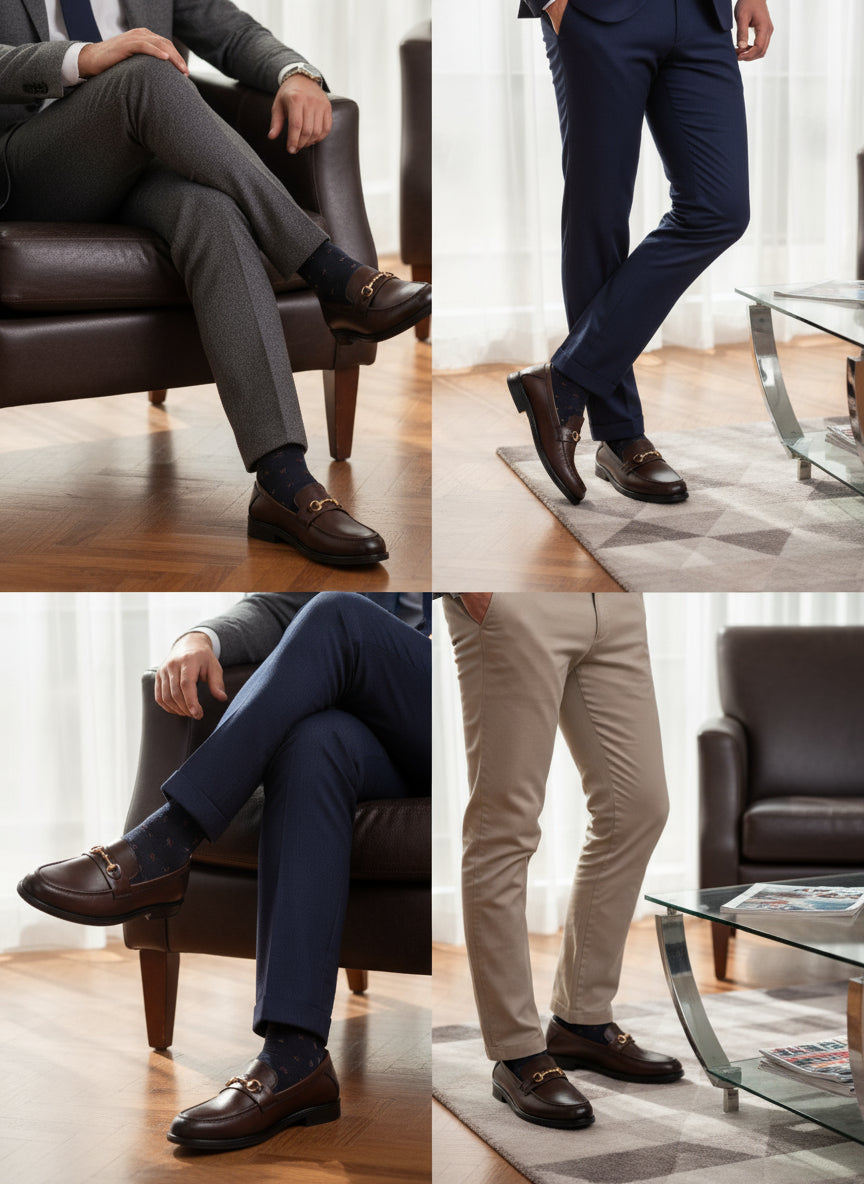 Pair of brown leather loafers with gold accents on a white background