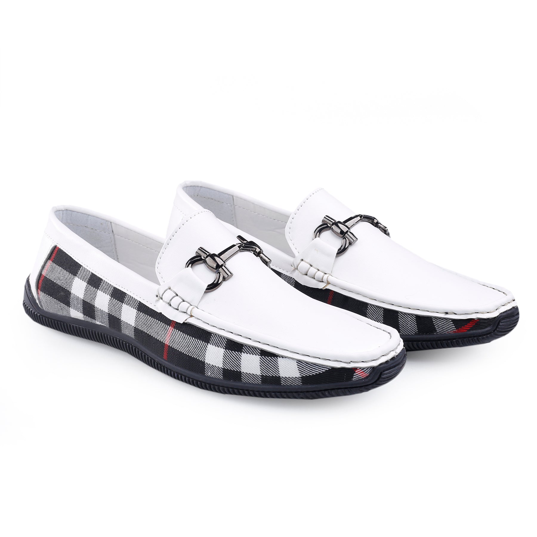 White loafers with plaid pattern on soles on a white background