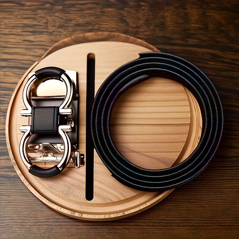 Men’s Black Faux Leather Belt with Golden Automatic Buckle - Mens Attire