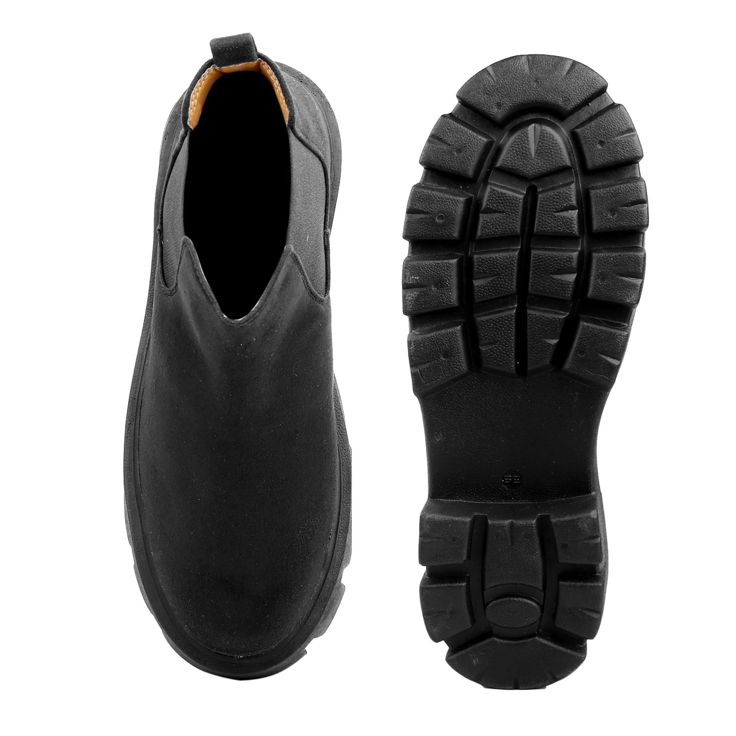 Black slip-on boot with sole view on a white background