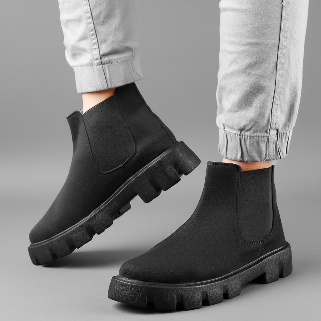 Black Chelsea boots worn with light gray pants on a gray background