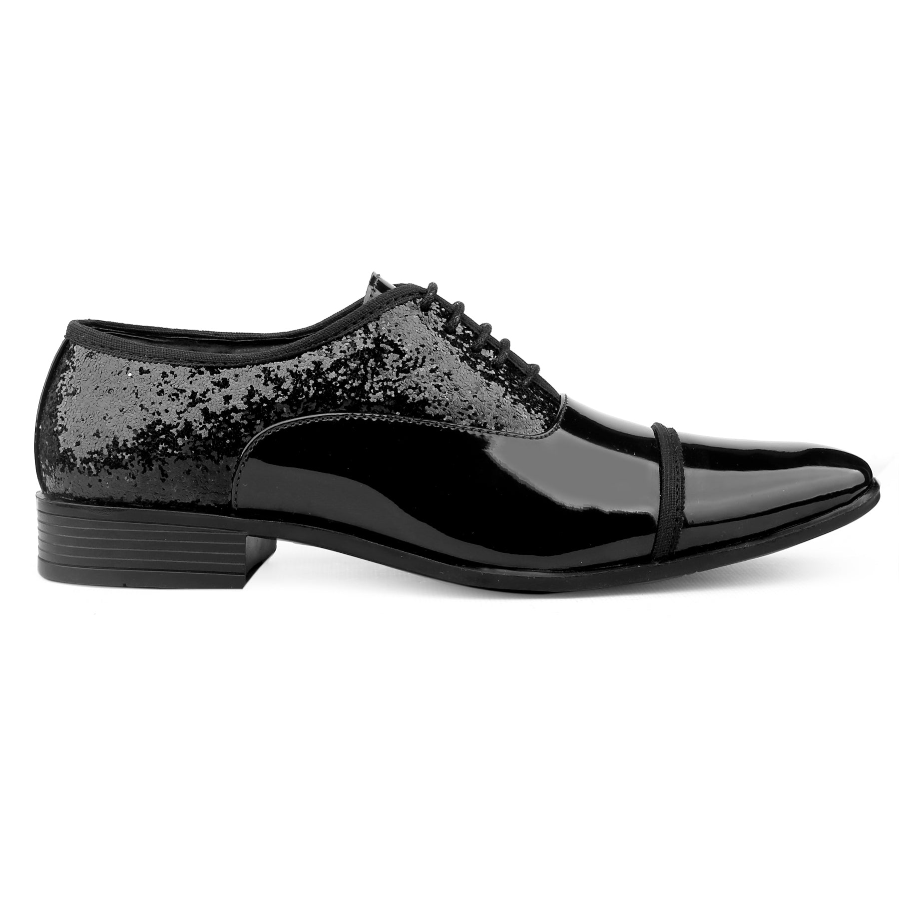Black glittery dress shoe on a white background