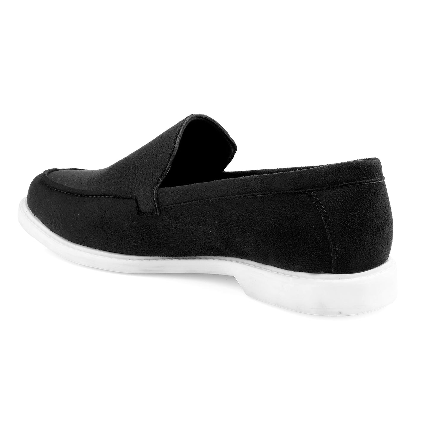 Black slip-on shoe with white sole on a white background