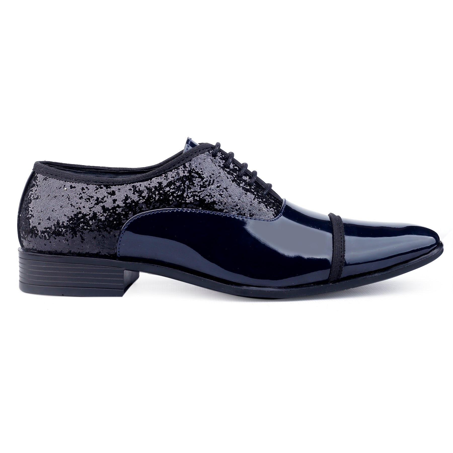 Black glittery dress shoe on a white background