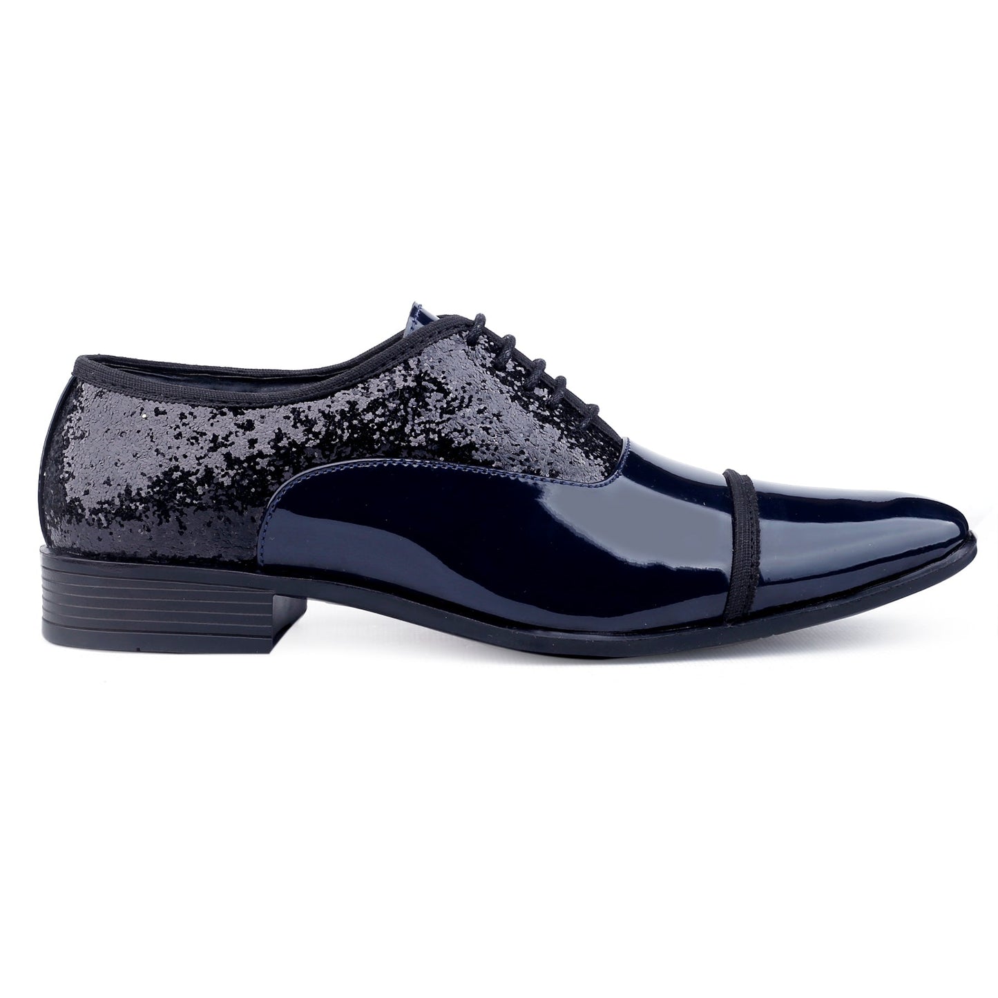 Black glittery dress shoe on a white background