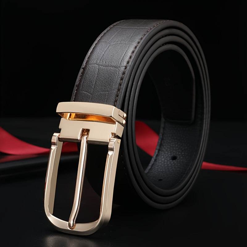 Elegant Men's Genuine Leather Belt Golden-Tone Needle Buckle - Mens Attire