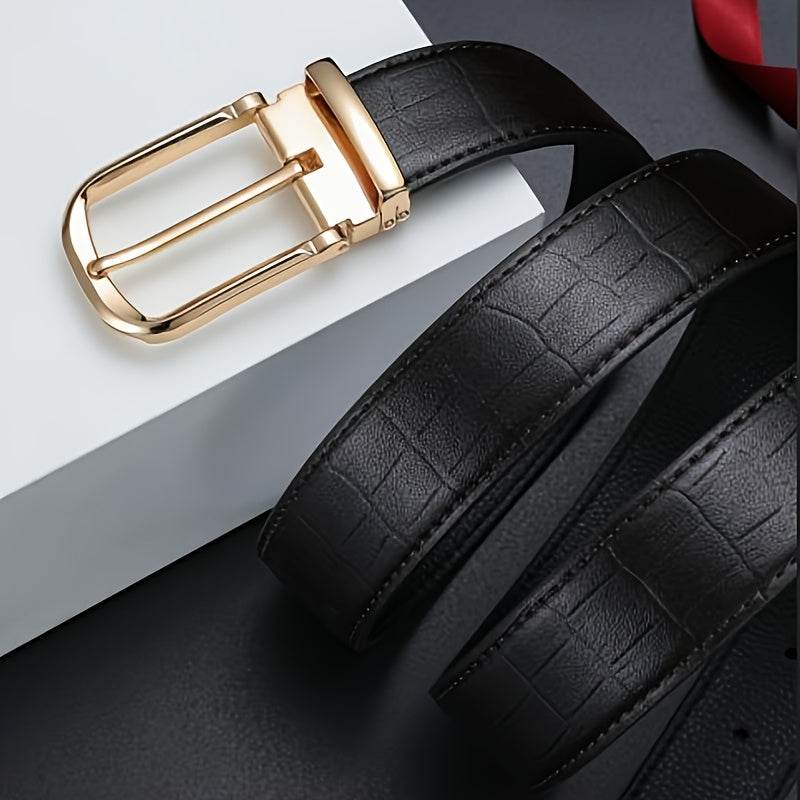 Elegant Men's Genuine Leather Belt Golden-Tone Needle Buckle - Mens Attire