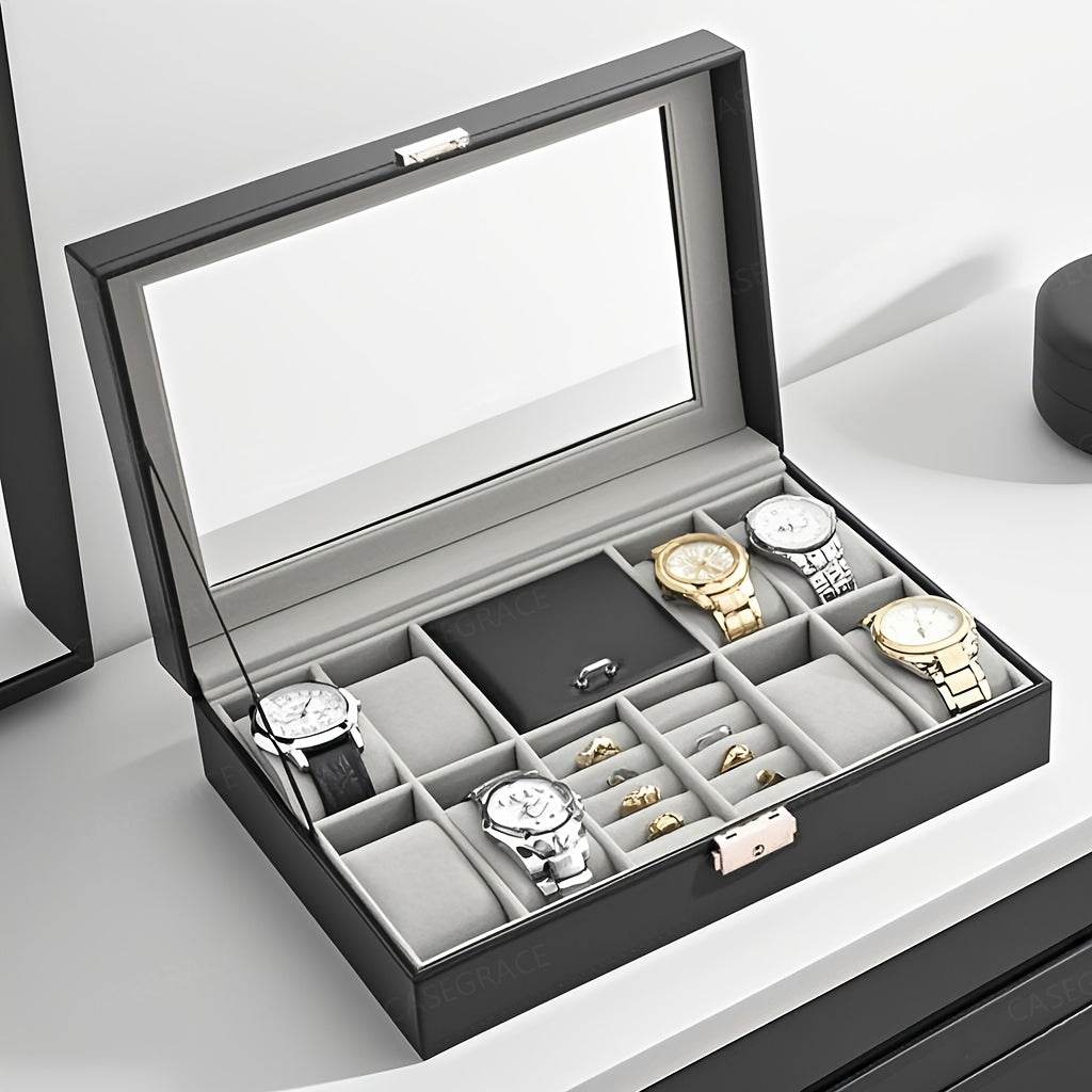 Elegant Black Flip-Top Jewelry Box – 8-Slot Faux Leather Storage Case - Mens Attire