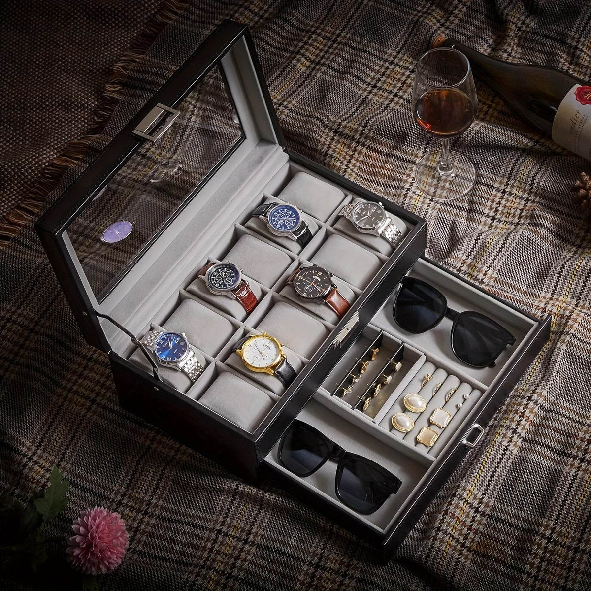 Deluxe 12-Slot Watch & Jewelry Storage Box – Faux Leather Organizer - Mens Attire