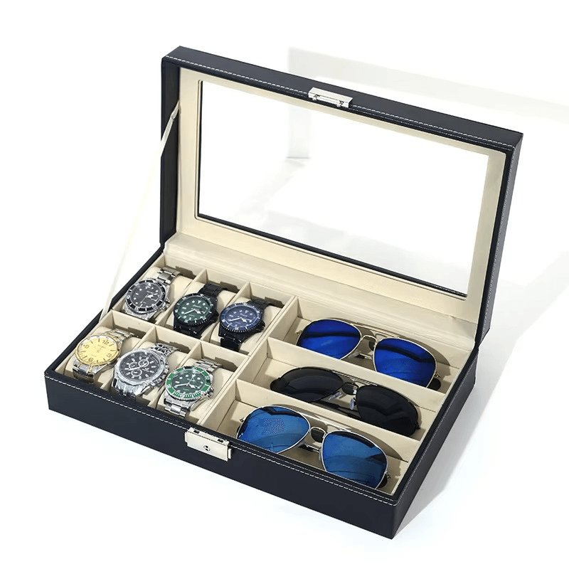 PU Leather 6-Position Watch Box with 3-Slot Sunglasses Display Storage Box - Mens Attire