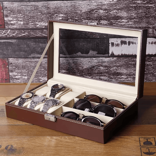 PU Leather 6-Position Watch Box with 3-Slot Sunglasses Display Storage Box - Mens Attire