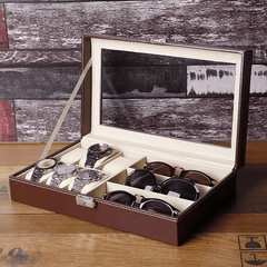 PU Leather 6-Position Watch Box with 3-Slot Sunglasses Display Storage Box - Mens Attire