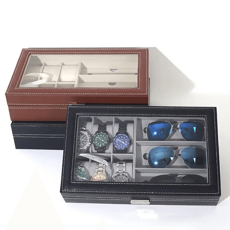 PU Leather 6-Position Watch Box with 3-Slot Sunglasses Display Storage Box - Mens Attire