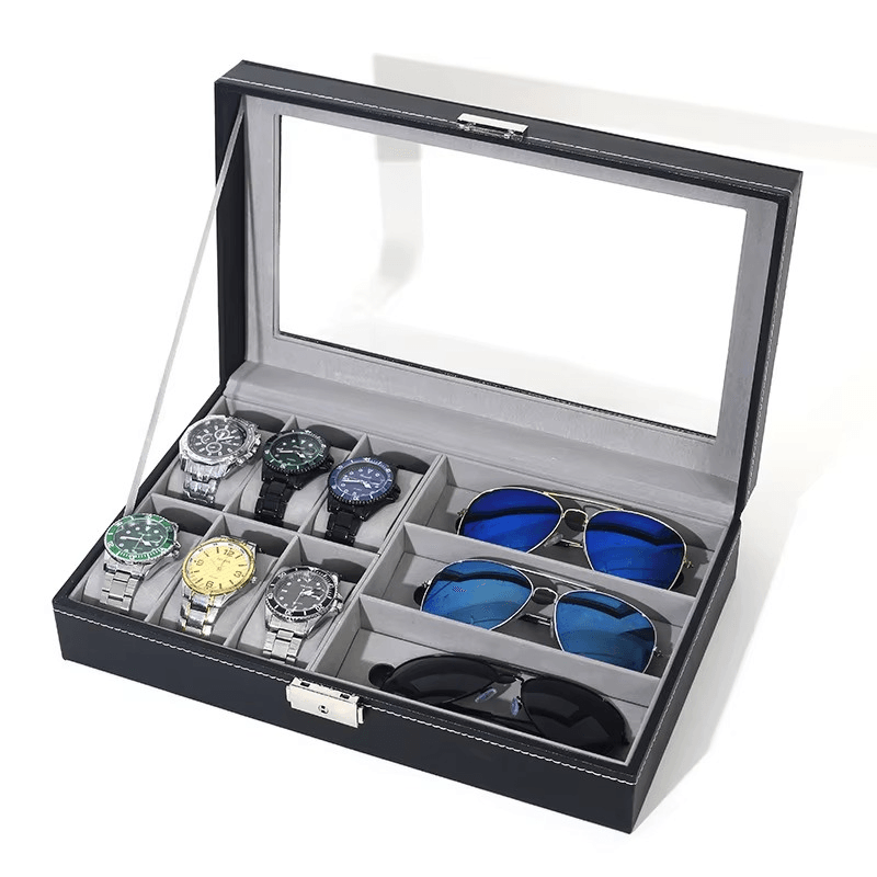 PU Leather 6-Position Watch Box with 3-Slot Sunglasses Display Storage Box - Mens Attire
