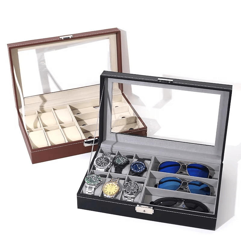 PU Leather 6-Position Watch Box with 3-Slot Sunglasses Display Storage Box - Mens Attire
