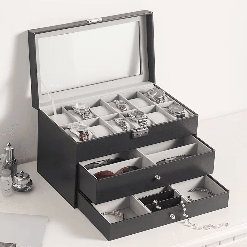 12 Slot Faux Leather Lockable Watch Organizer Box, 3-Tier Jewelry & Sunglasses Display Case - Mens Attire