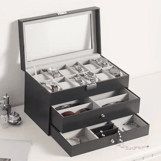 12 Slot Faux Leather Lockable Watch Organizer Box, 3-Tier Jewelry & Sunglasses Display Case - Mens Attire