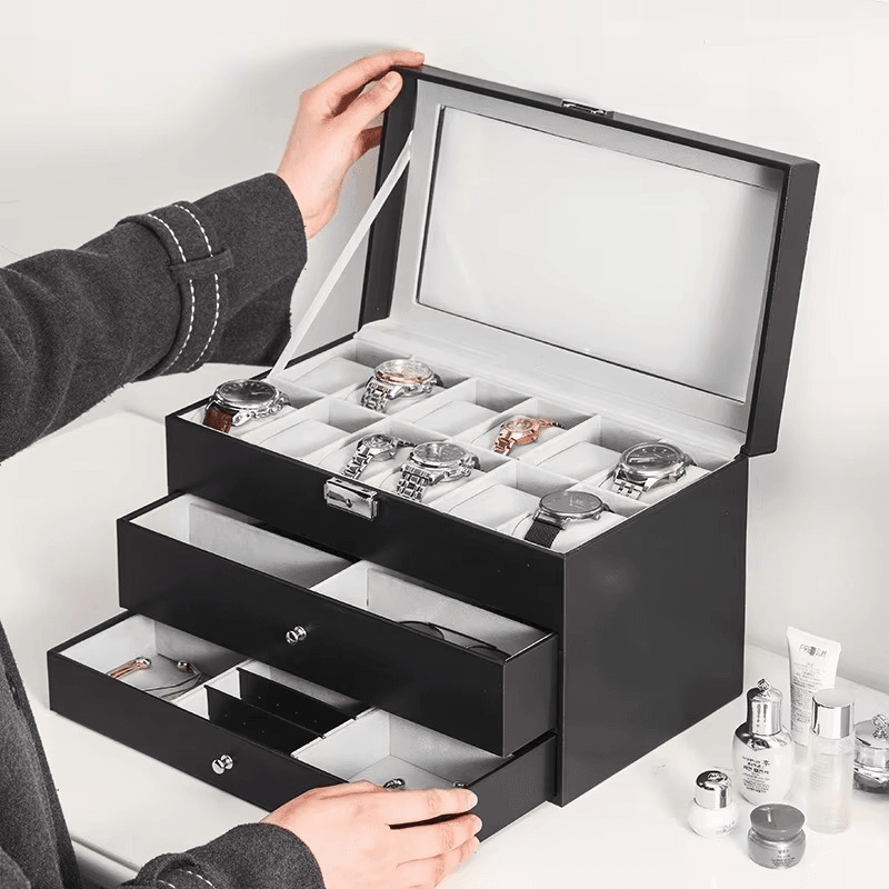 12 Slot Faux Leather Lockable Watch Organizer Box, 3-Tier Jewelry & Sunglasses Display Case - Mens Attire