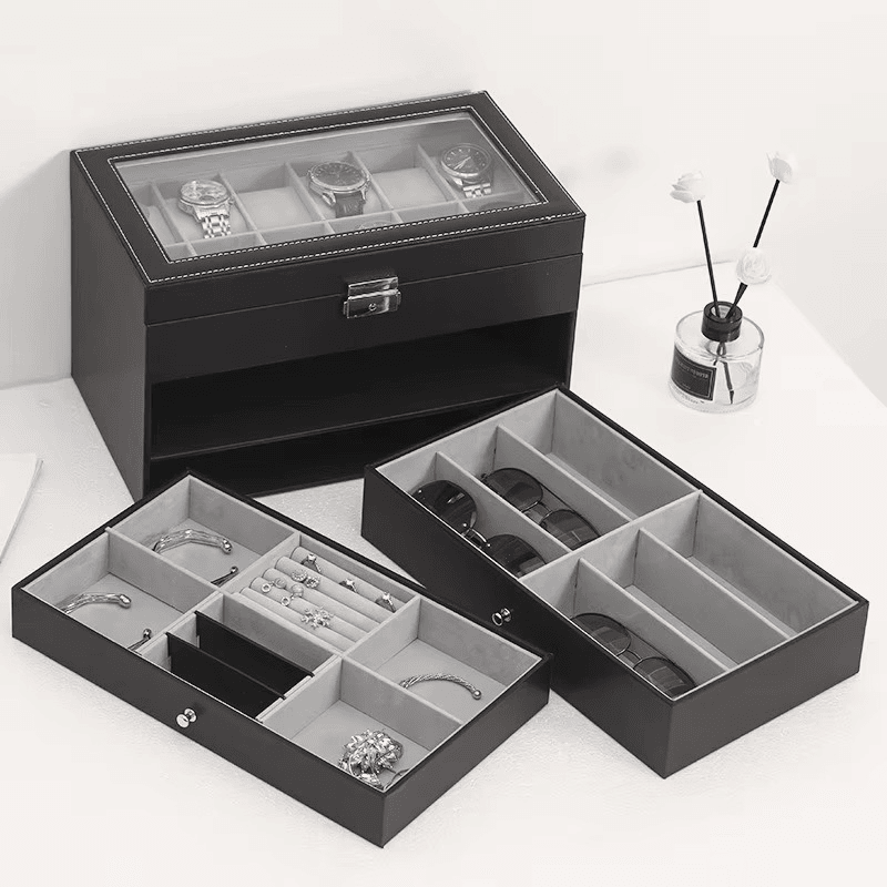 12 Slot Faux Leather Lockable Watch Organizer Box, 3-Tier Jewelry & Sunglasses Display Case - Mens Attire