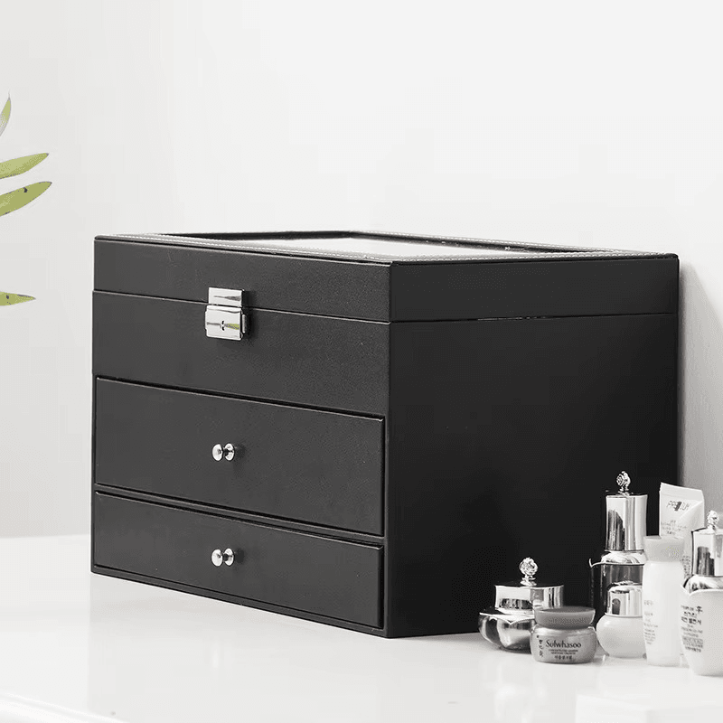 12 Slot Faux Leather Lockable Watch Organizer Box, 3-Tier Jewelry & Sunglasses Display Case - Mens Attire