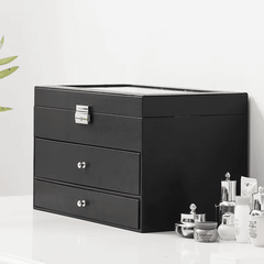 12 Slot Faux Leather Lockable Watch Organizer Box, 3-Tier Jewelry & Sunglasses Display Case - Mens Attire