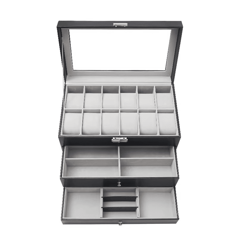 12 Slot Faux Leather Lockable Watch Organizer Box, 3-Tier Jewelry & Sunglasses Display Case - Mens Attire