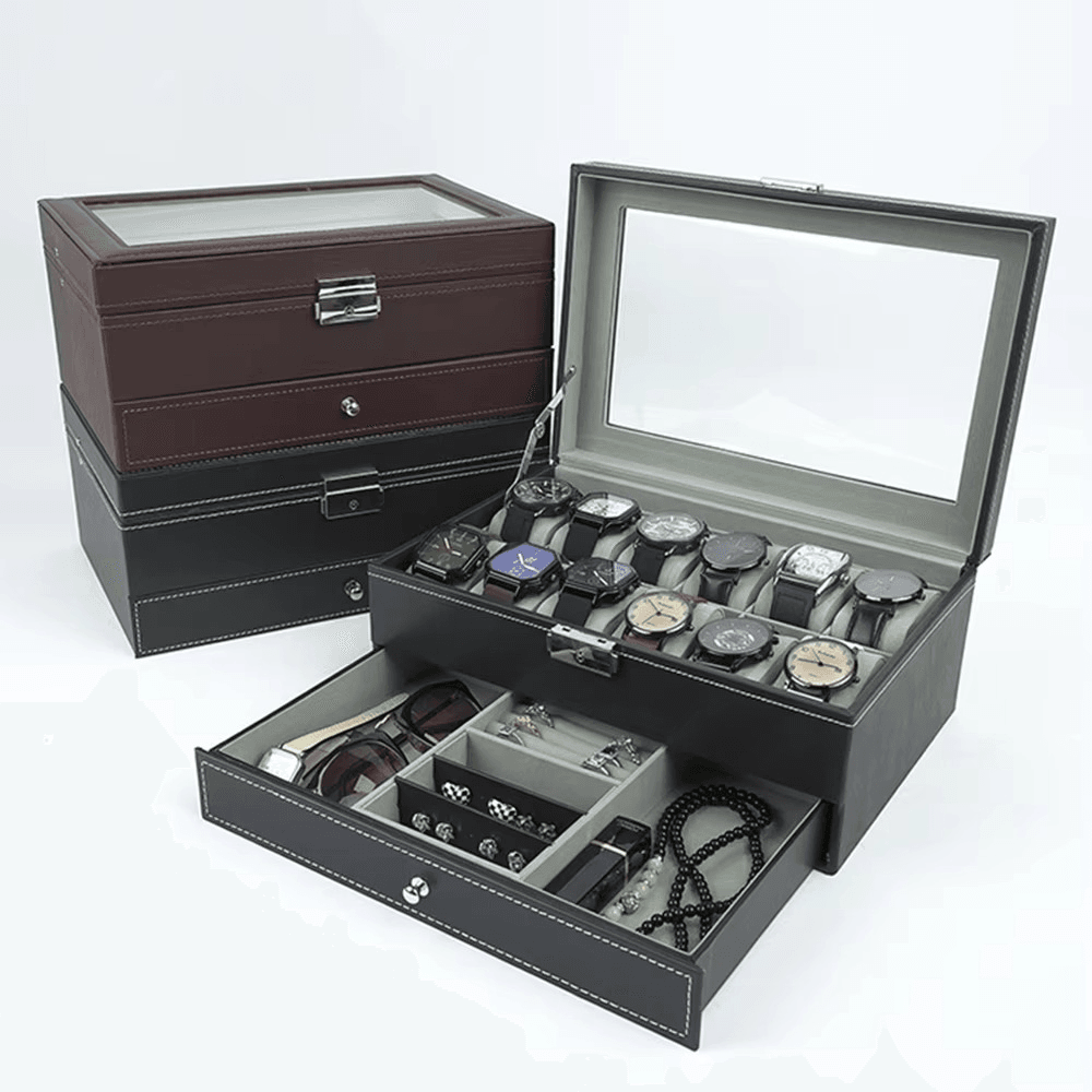 Luxury 2-Layer 12-Slot Lockable Watch Box with Glass Lid & Drawer - Mens Attire