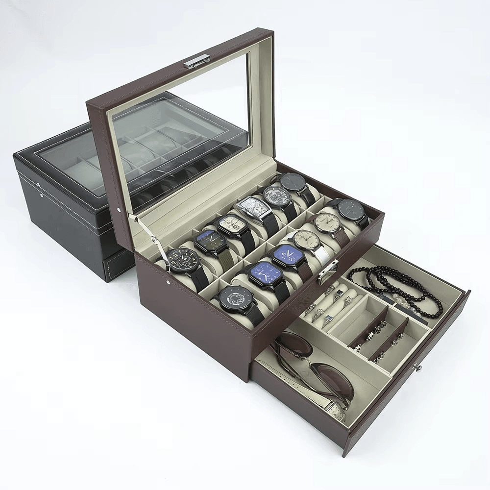 Luxury 2-Layer 12-Slot Lockable Watch Box with Glass Lid & Drawer - Mens Attire
