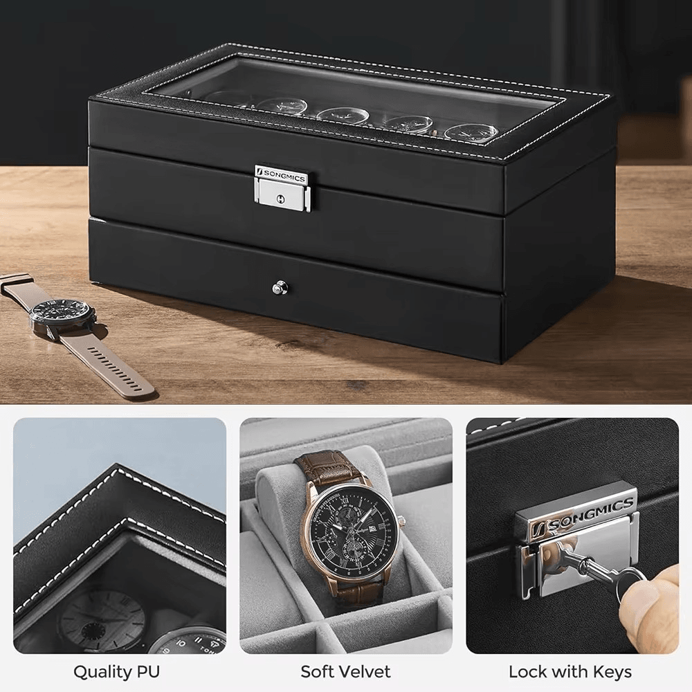Luxury 2-Layer 12-Slot Lockable Watch Box with Glass Lid & Drawer - Mens Attire