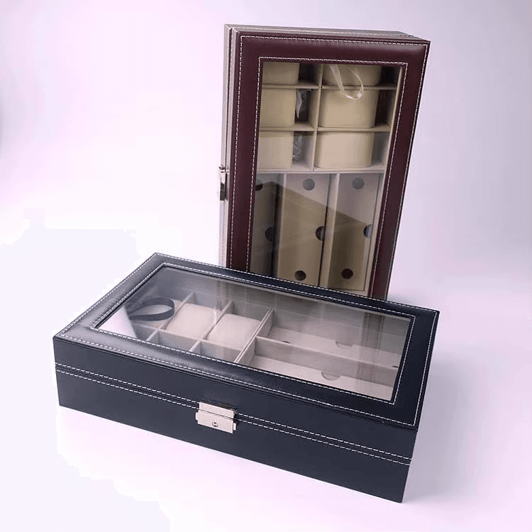 PU Leather 6-Position Watch Box with 3-Slot Sunglasses Display Storage Box - Mens Attire