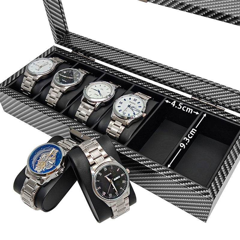 Black Carbon Fiber Glossy Wooden Watch Box – 6/10/12 Slot Storage Organizer - Mens Attire
