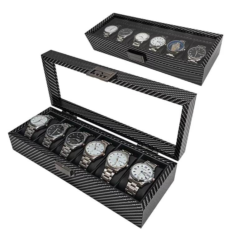 Black Carbon Fiber Glossy Wooden Watch Box – 6/10/12 Slot Storage Organizer - Mens Attire