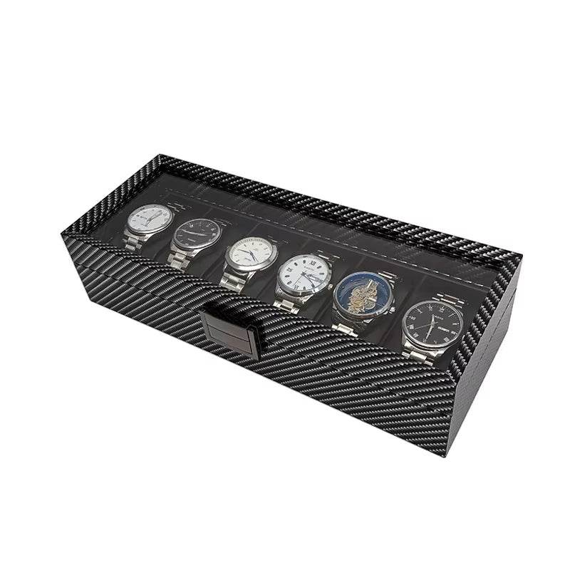 Black Carbon Fiber Glossy Wooden Watch Box – 6/10/12 Slot Storage Organizer - Mens Attire