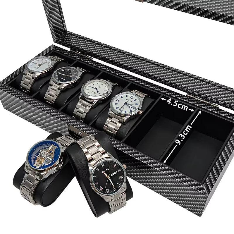 Black Carbon Fiber Glossy Wooden Watch Box – 6/10/12 Slot Storage Organizer - Mens Attire