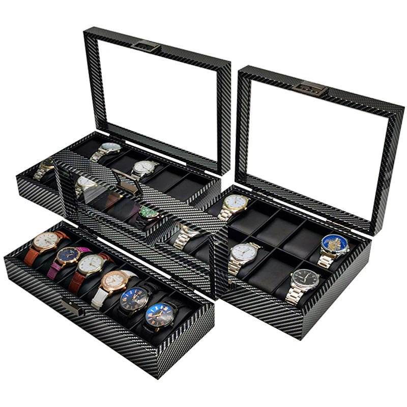 Black Carbon Fiber Glossy Wooden Watch Box – 6/10/12 Slot Storage Organizer - Mens Attire