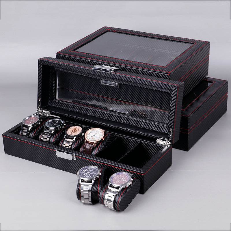 Black Carbon Fiber Glossy Wooden Watch Box – 6/10/12 Slot Storage Organizer - Mens Attire