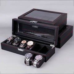 Black Carbon Fiber Glossy Wooden Watch Box – 6/10/12 Slot Storage Organizer - Mens Attire