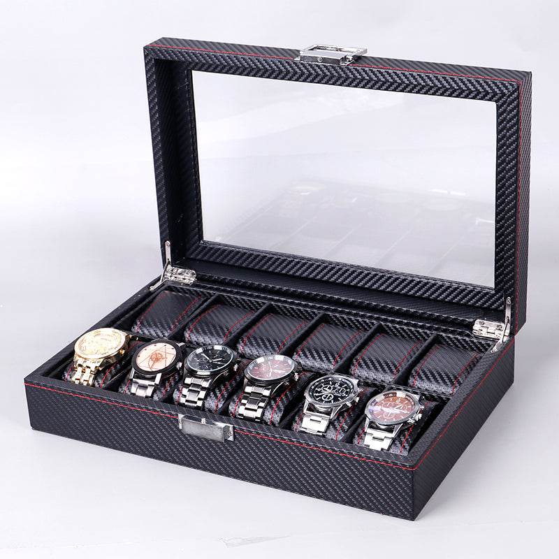 Black Carbon Fiber Glossy Wooden Watch Box – 6/10/12 Slot Storage Organizer - Mens Attire