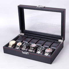 Black Carbon Fiber Glossy Wooden Watch Box – 6/10/12 Slot Storage Organizer - Mens Attire