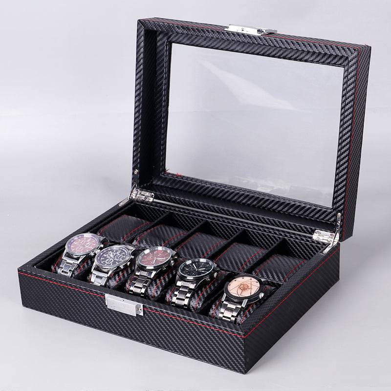 Black Carbon Fiber Glossy Wooden Watch Box – 6/10/12 Slot Storage Organizer - Mens Attire